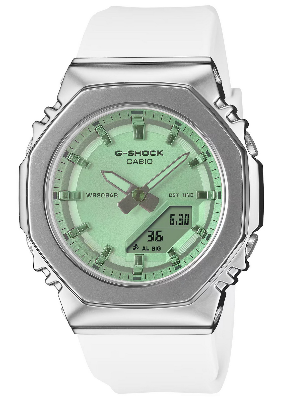 Casio G-Shock GMS2110SR-7A Stainless Steel Bezel Green Dial White Band Watch
