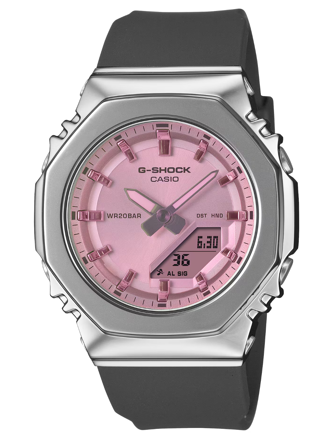 Casio G-Shock GMS2110SR-1A Stainless Steel Bezel Pink Dial Black Band Watch